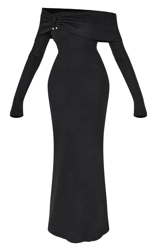 Plt - Black Heavy Brushed Rib Bardot Trim Maxi Dress