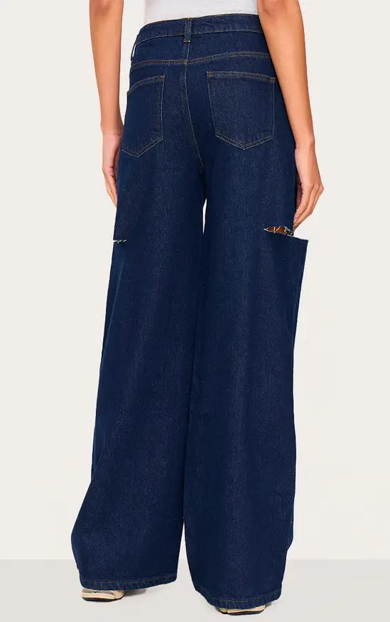 Indigo Thigh Split Wide Leg Jeans