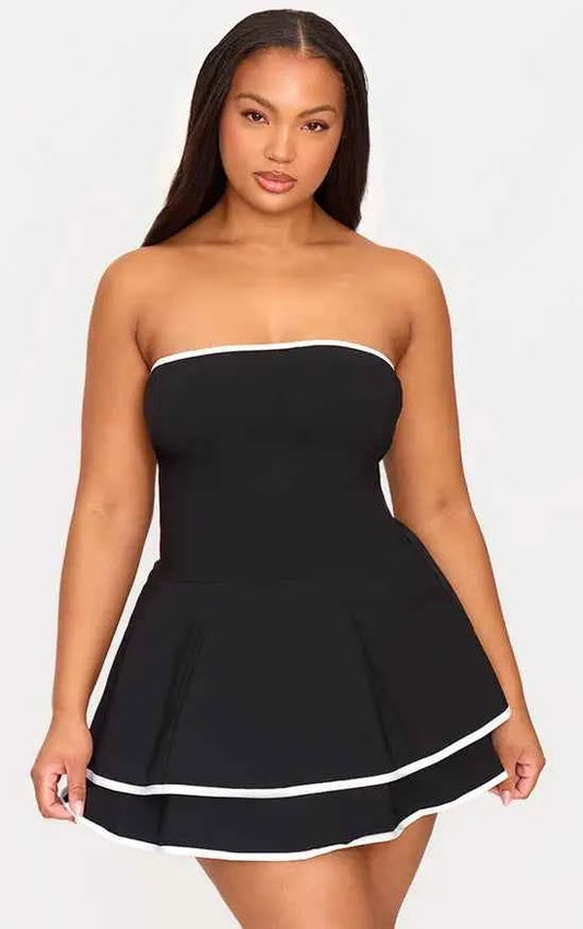 Plt - Plus Black Stretch Woven Contrast Tiered Shift Dress