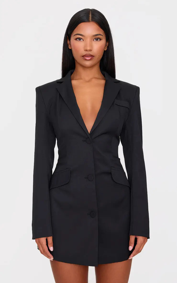 Plt - Black Woven Cinched Waist Blazer Dress