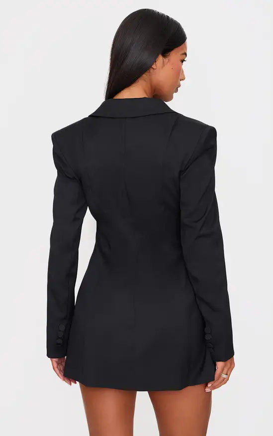 Plt - Black Woven Cinched Waist Blazer Dress