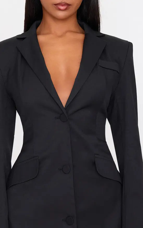 Plt - Black Woven Cinched Waist Blazer Dress
