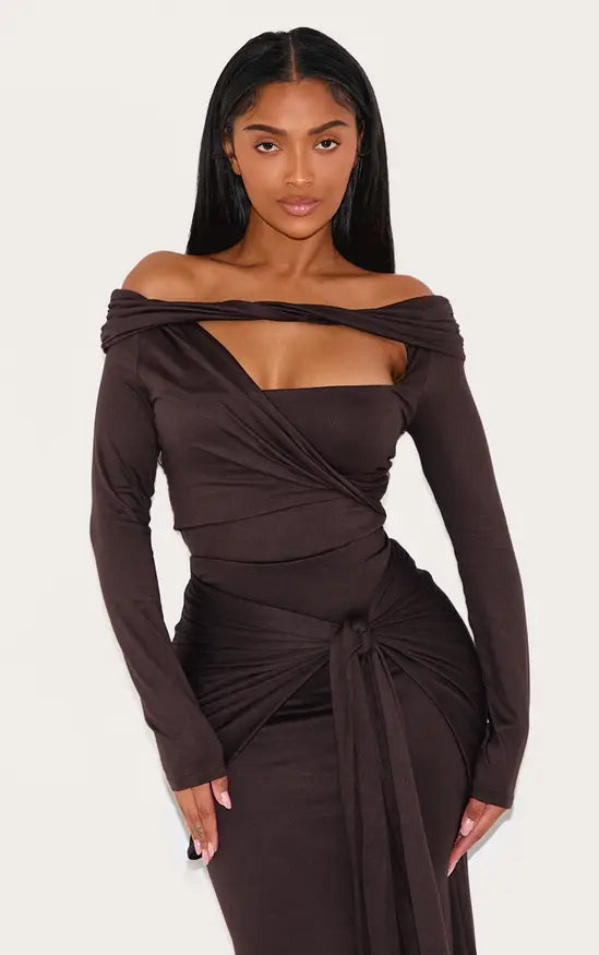 Shape Chocolate Super Soft Bardot Twist Cut Out Bodysuit Co-ord