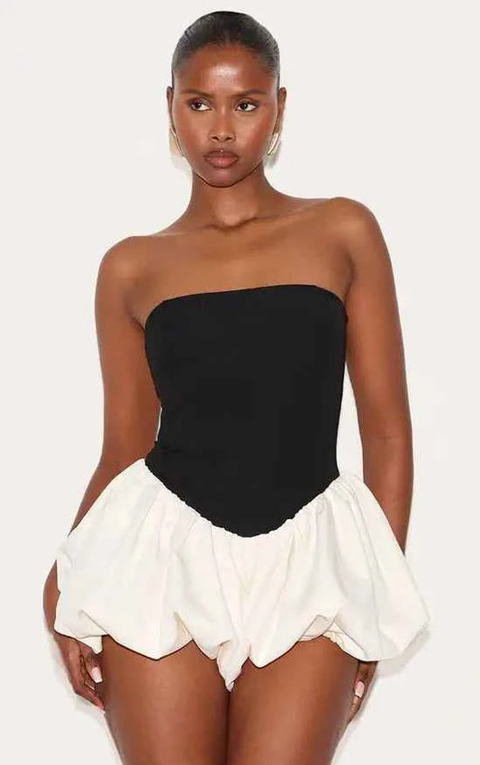 Plt - Black Contrast Woven Bandeau Puffball Playsuit