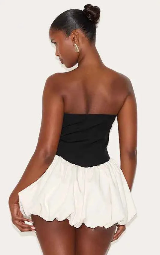 Plt - Black Contrast Woven Bandeau Puffball Playsuit