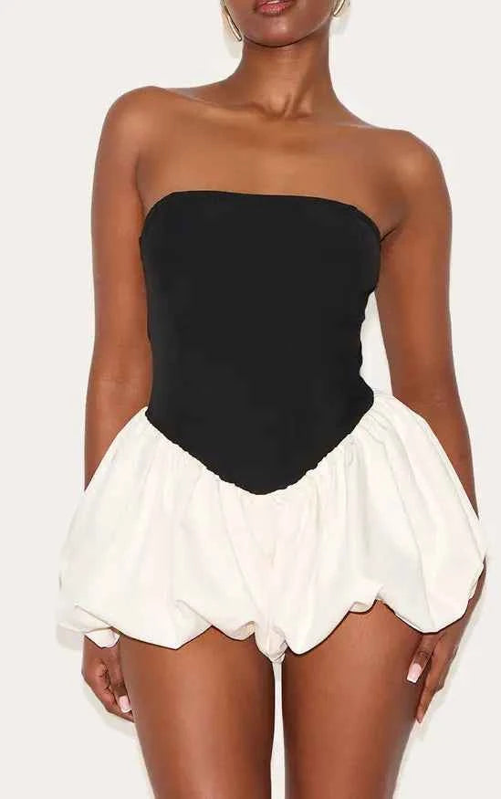 Plt - Black Contrast Woven Bandeau Puffball Playsuit