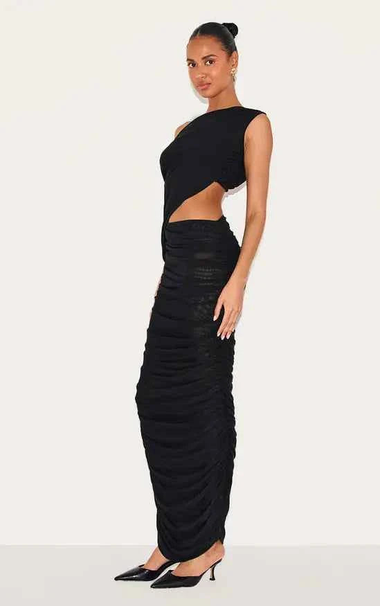 Black One Shoulder Ruched Maxi Dress