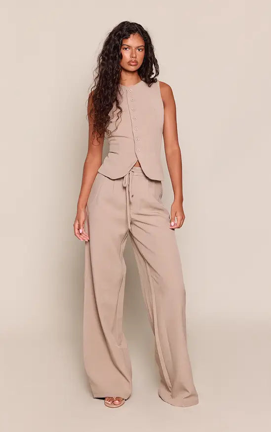 Plt - Taupe Tailored Tie Detail Woven Wide Leg Trousers Co-ord