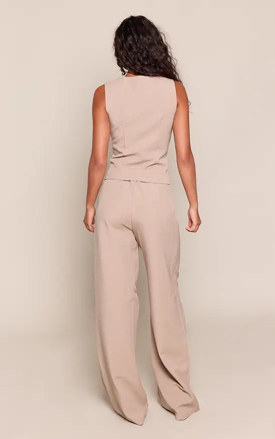 Plt - Taupe Tailored Tie Detail Woven Wide Leg Trousers Co-ord
