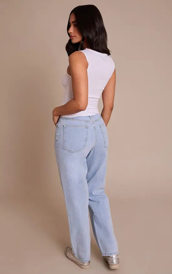 PRETTYLITTLETHING Petite Light Blue High Waist Straight Leg Jeans