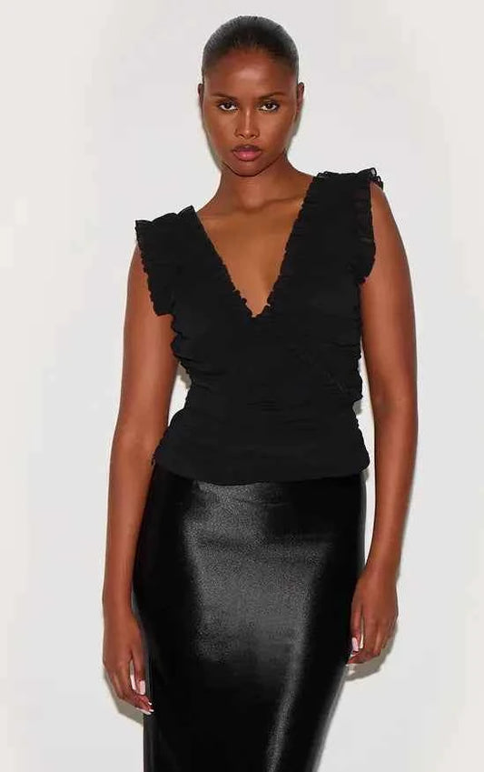 Plt - Black Chiffon Ruffle Ruched Sleeveless Top
