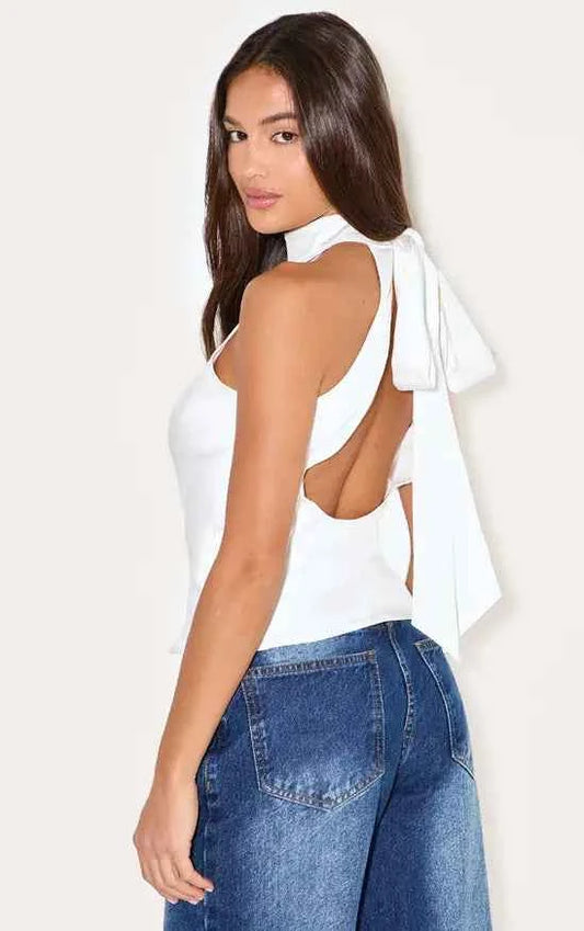 Plt - White Woven High Neck Tie Detail Top