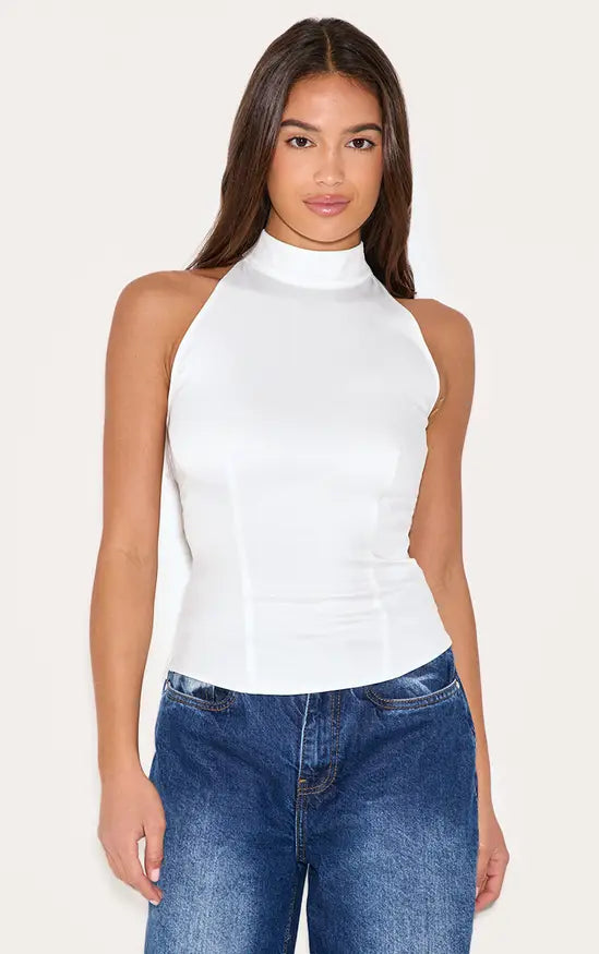 Plt - White Woven High Neck Tie Detail Top