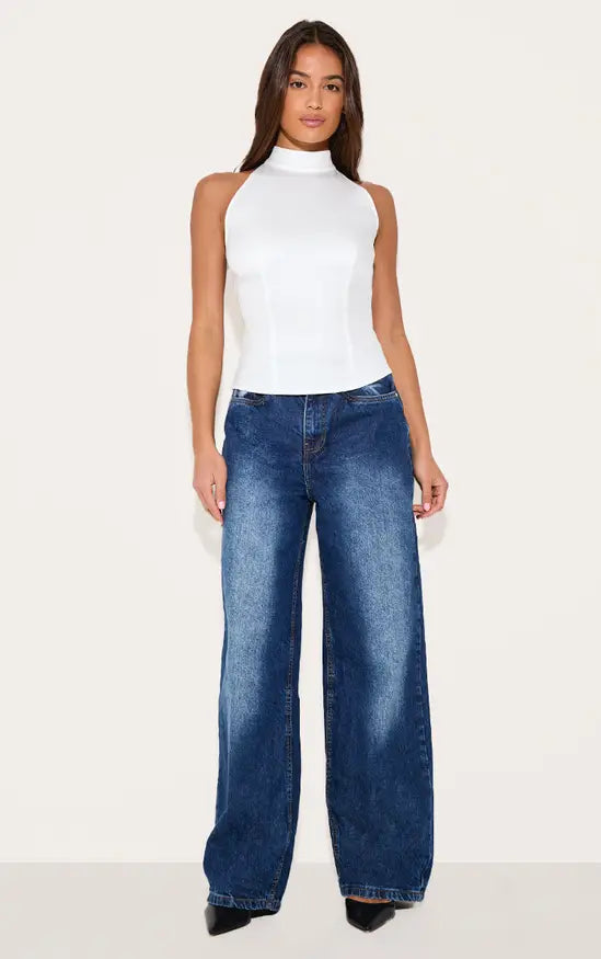 Plt - White Woven High Neck Tie Detail Top