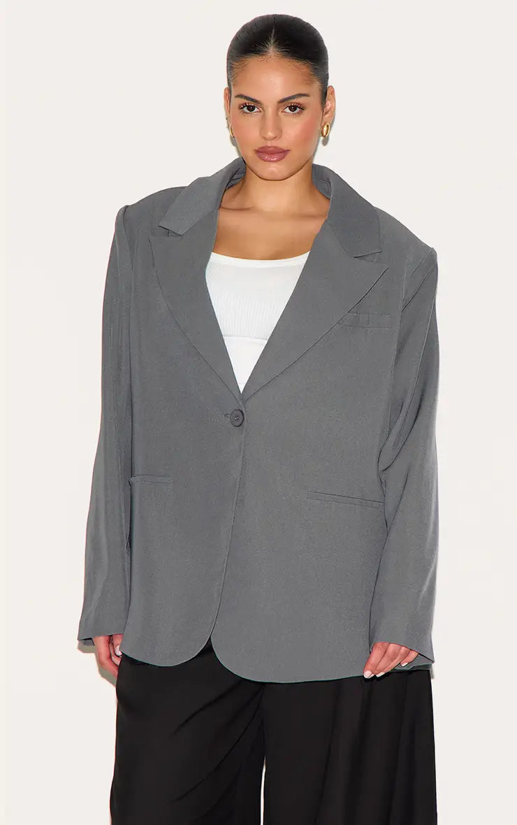 Plt - Plus Grey Oversized Exaggerated Collar Blazer