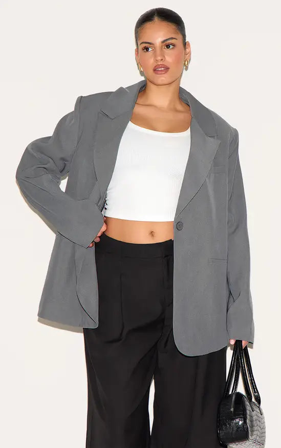 Plt - Plus Grey Oversized Exaggerated Collar Blazer
