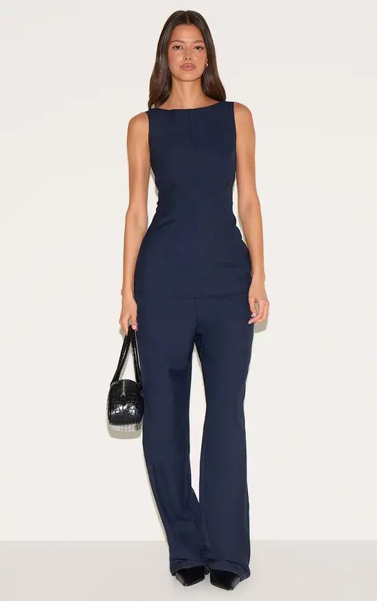PrettyLittleThing Blue Tailored Woven Boat Neck Longline Jumpsuit