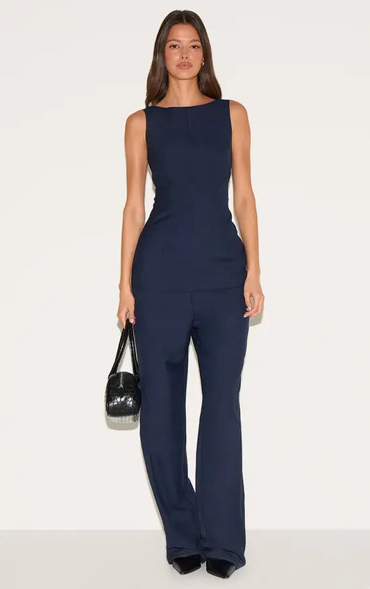 PrettyLittleThing Blue Tailored Woven Boat Neck Longline Jumpsuit