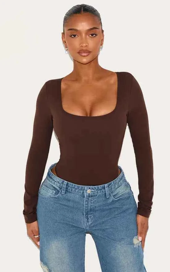 Plt - Shape Chocolate Built In Bra Sculpt Square Neck Long Sleeve Bodysuit