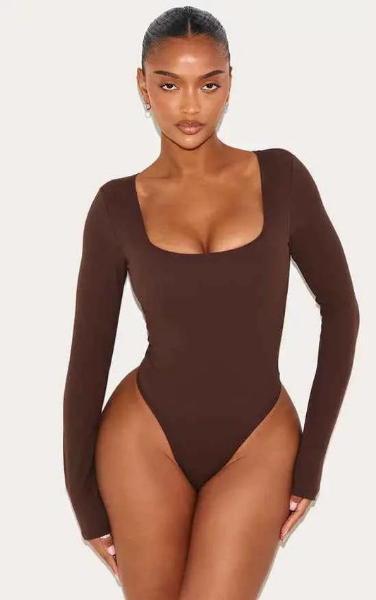 Plt - Shape Chocolate Built In Bra Sculpt Square Neck Long Sleeve Bodysuit