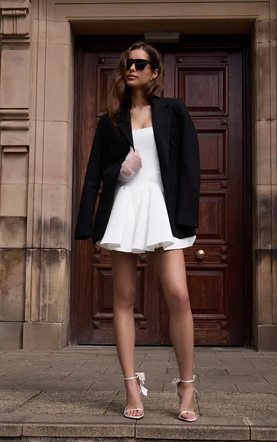Premium White Satin Hip Pleated Skater Dress