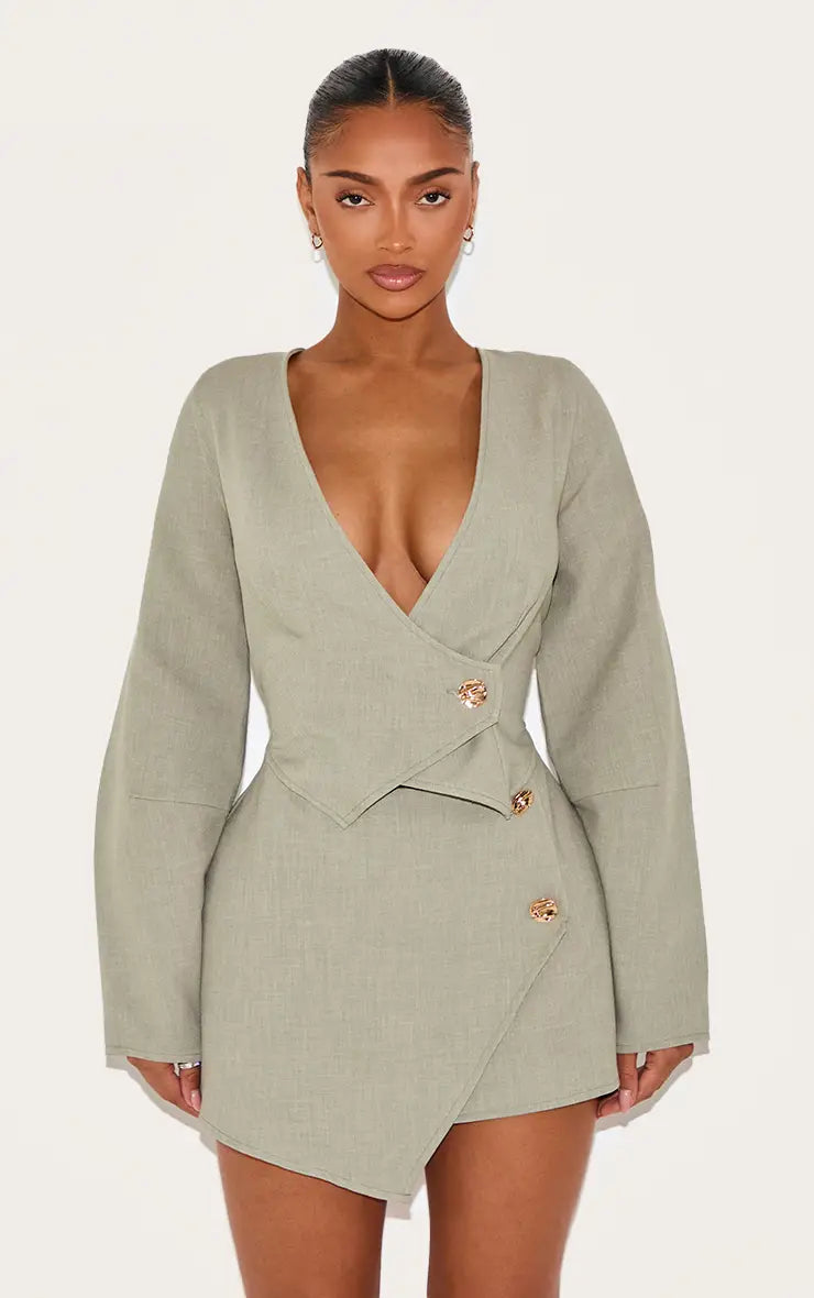 Plt - Shape Sage Woven Asymmetrical Hammered Button Blazer Co-ord
