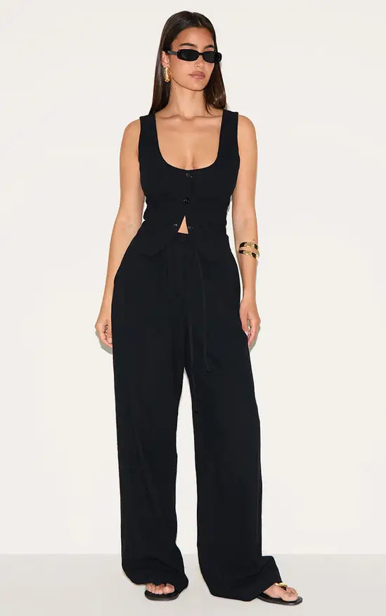Plt - Black Linen Look Tailored Draw String Wide Leg Trouser Co-ord