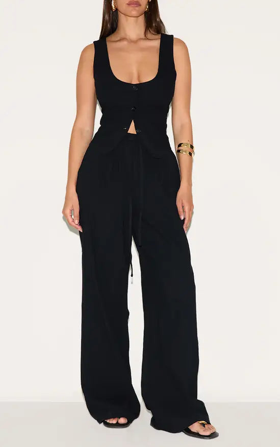 Plt - Black Linen Look Tailored Draw String Wide Leg Trouser Co-ord