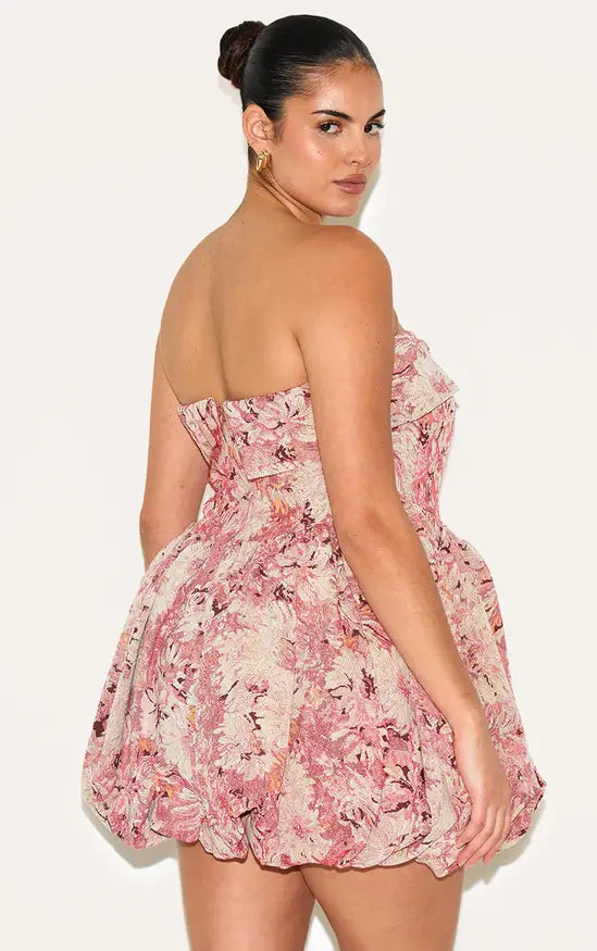 Plus Pink Floral Tapestry Bandeau Extreme Puffball Dress