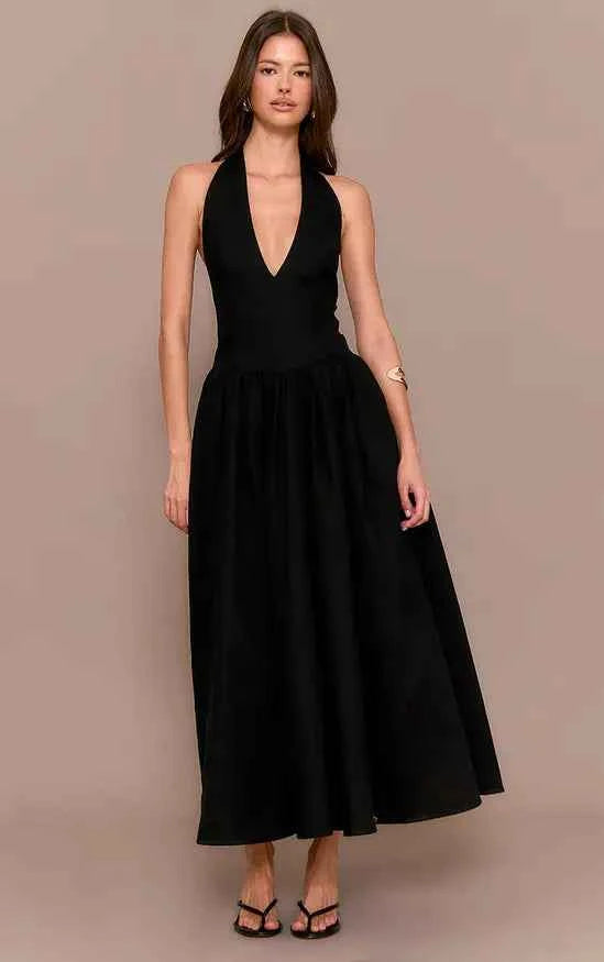 Plt - Black Polka Dot Halterneck Tie Detail Ruched Midaxi Dress