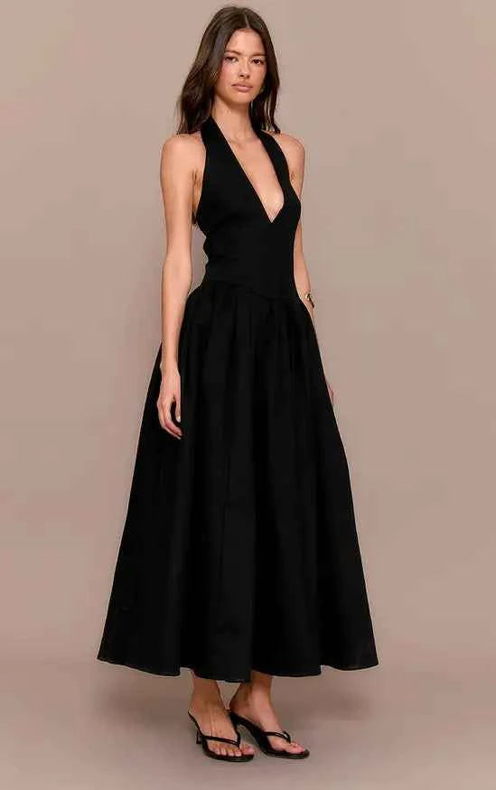 Plt - Black Polka Dot Halterneck Tie Detail Ruched Midaxi Dress
