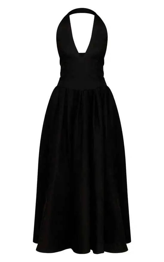 Plt - Black Polka Dot Halterneck Tie Detail Ruched Midaxi Dress