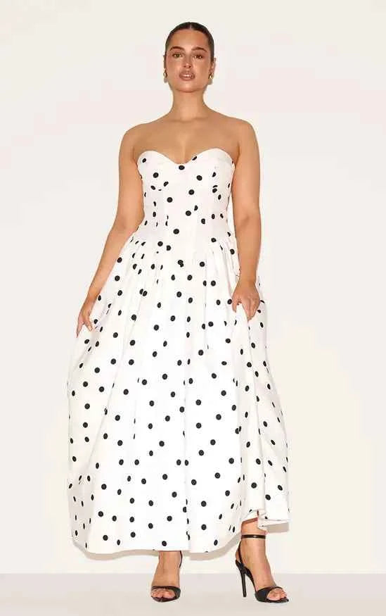 Asos - Shape White Polka Dot Corseted Maxi Shift Dress
