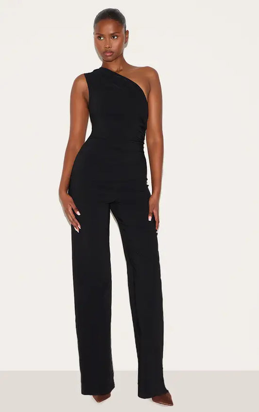 Plt - Black Stretch Woven One Shoulder Ruched Flared Jumpsuit