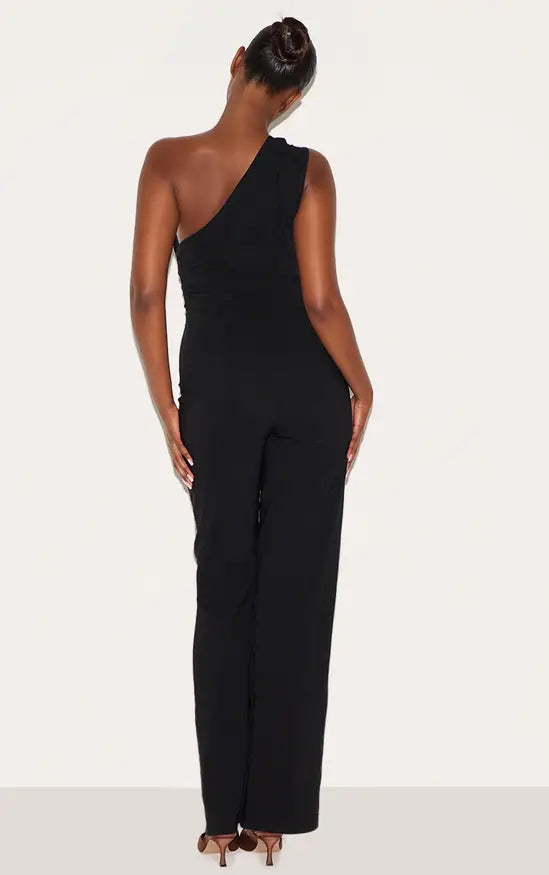 Plt - Black Stretch Woven One Shoulder Ruched Flared Jumpsuit