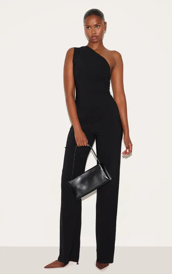 Plt - Black Stretch Woven One Shoulder Ruched Flared Jumpsuit
