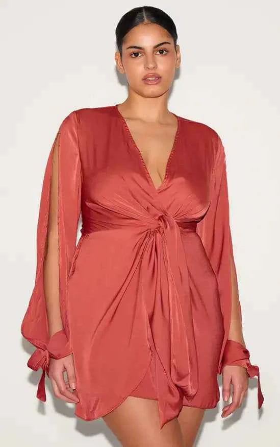 Plt - Plus Rust Plunge Neck Satin Twist Front Open Sleeve Wrap Dress