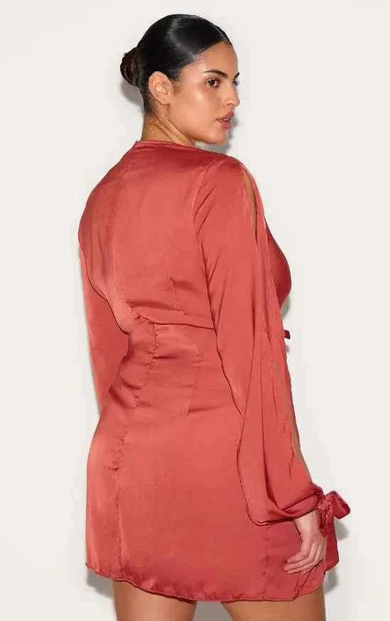 Plt - Plus Rust Plunge Neck Satin Twist Front Open Sleeve Wrap Dress
