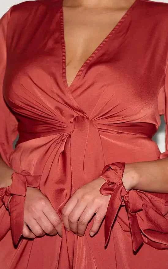 Plt - Plus Rust Plunge Neck Satin Twist Front Open Sleeve Wrap Dress