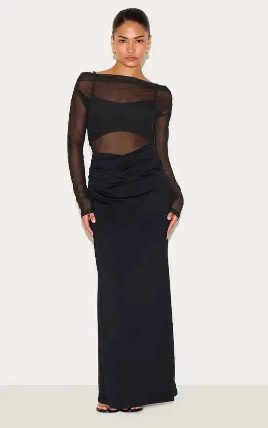 Plt - Petite Slinky Long Sleeve Maxi Dress With Mesh Details