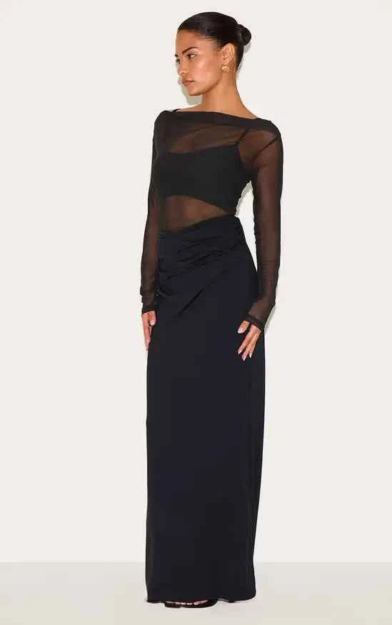 Plt - Petite Slinky Long Sleeve Maxi Dress With Mesh Details