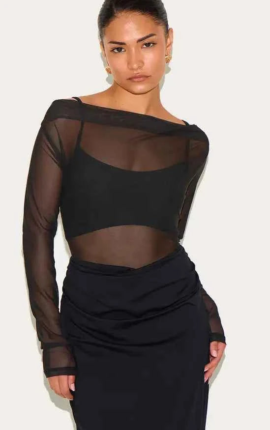 Plt - Petite Slinky Long Sleeve Maxi Dress With Mesh Details