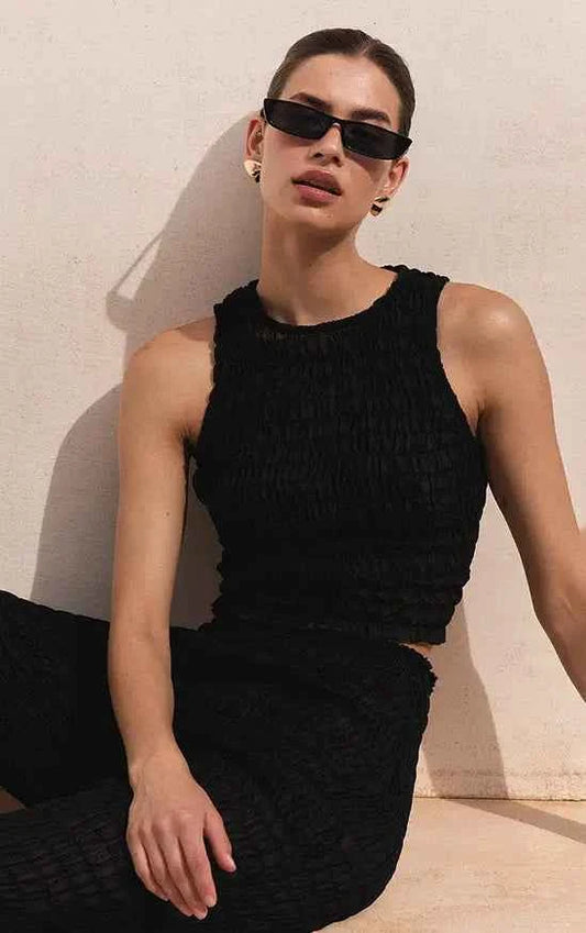 Plt - Black Shirred Chiffon Racer Neck Top Co-ord