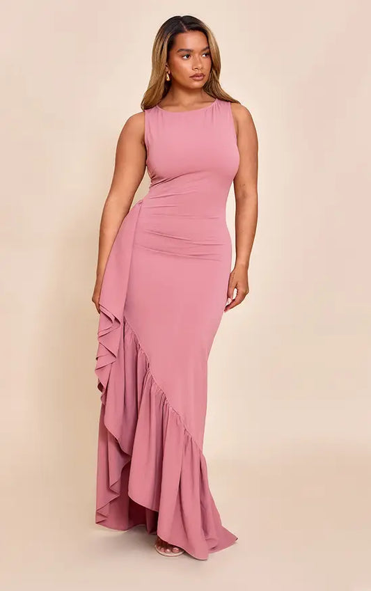 Plt - Shape Rose Stretch Woven Boat Neck Side Split Frill Maxi Dress