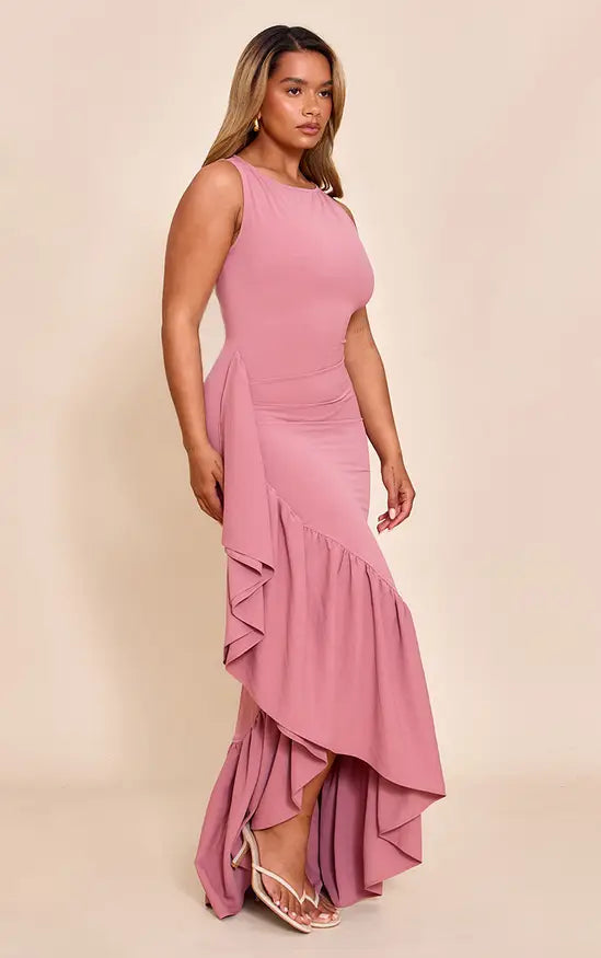 Plt - Shape Rose Stretch Woven Boat Neck Side Split Frill Maxi Dress