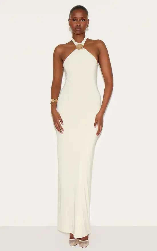 Ego - ALMOND DOUBLE LAYERED SLINKY HALTER NECK TRIM DETAIL MAXI DRESS