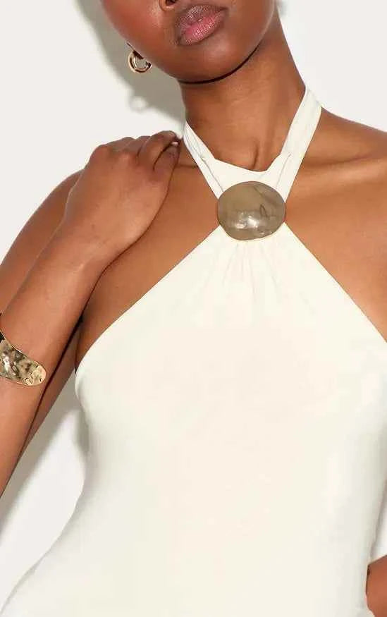 Ego - ALMOND DOUBLE LAYERED SLINKY HALTER NECK TRIM DETAIL MAXI DRESS