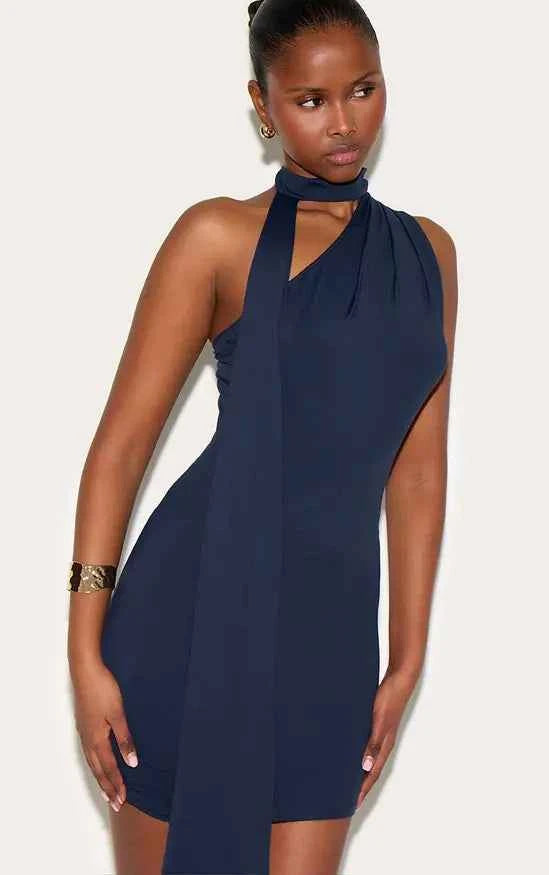 Plt - Navy Soft Touch One Shoulder Wrap Detail Mini Dress