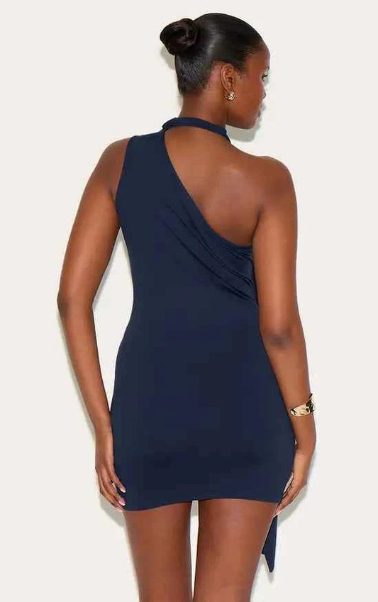 Plt - Navy Soft Touch One Shoulder Wrap Detail Mini Dress