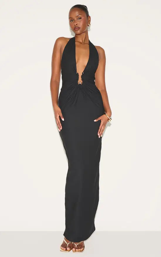 Plt - Black Double Layer Soft Touch Trim Detail Maxi Dress